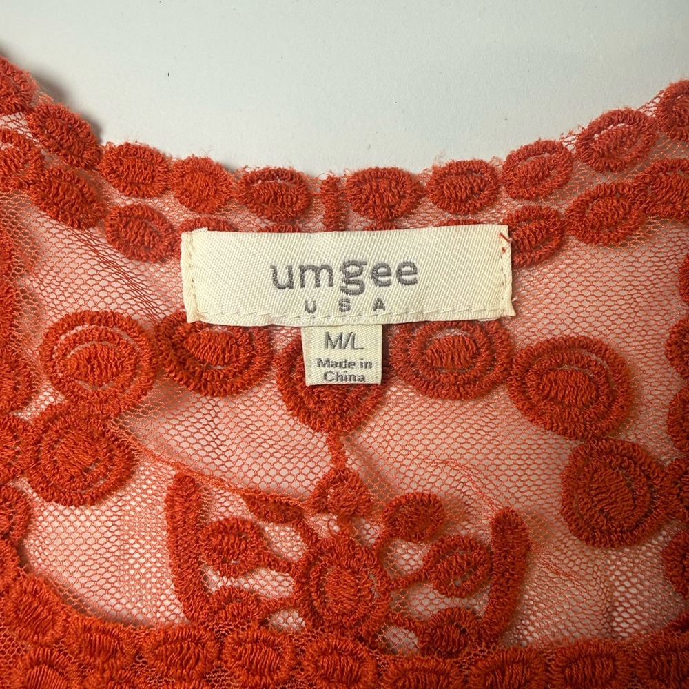 Umgee Burnt Orange Lace Sheer Boho Tunic Top Bell Sleeve M/L - Picture 8 of 11